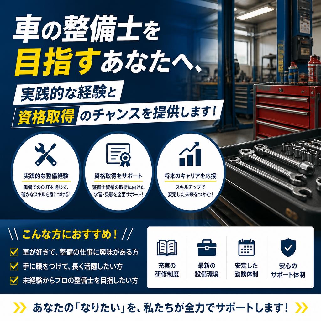 車の整備士を目指すあなたへ、実践的な経験と資格取得のチャンスを提供します！